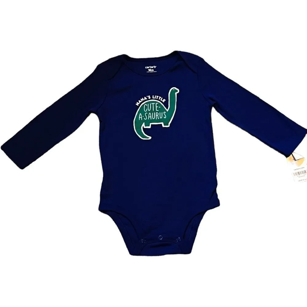 Carter’s Long Sleeve Blue & Green Dinosaur Cute-A-Saurus Onesie. 18 Months. NEW.
